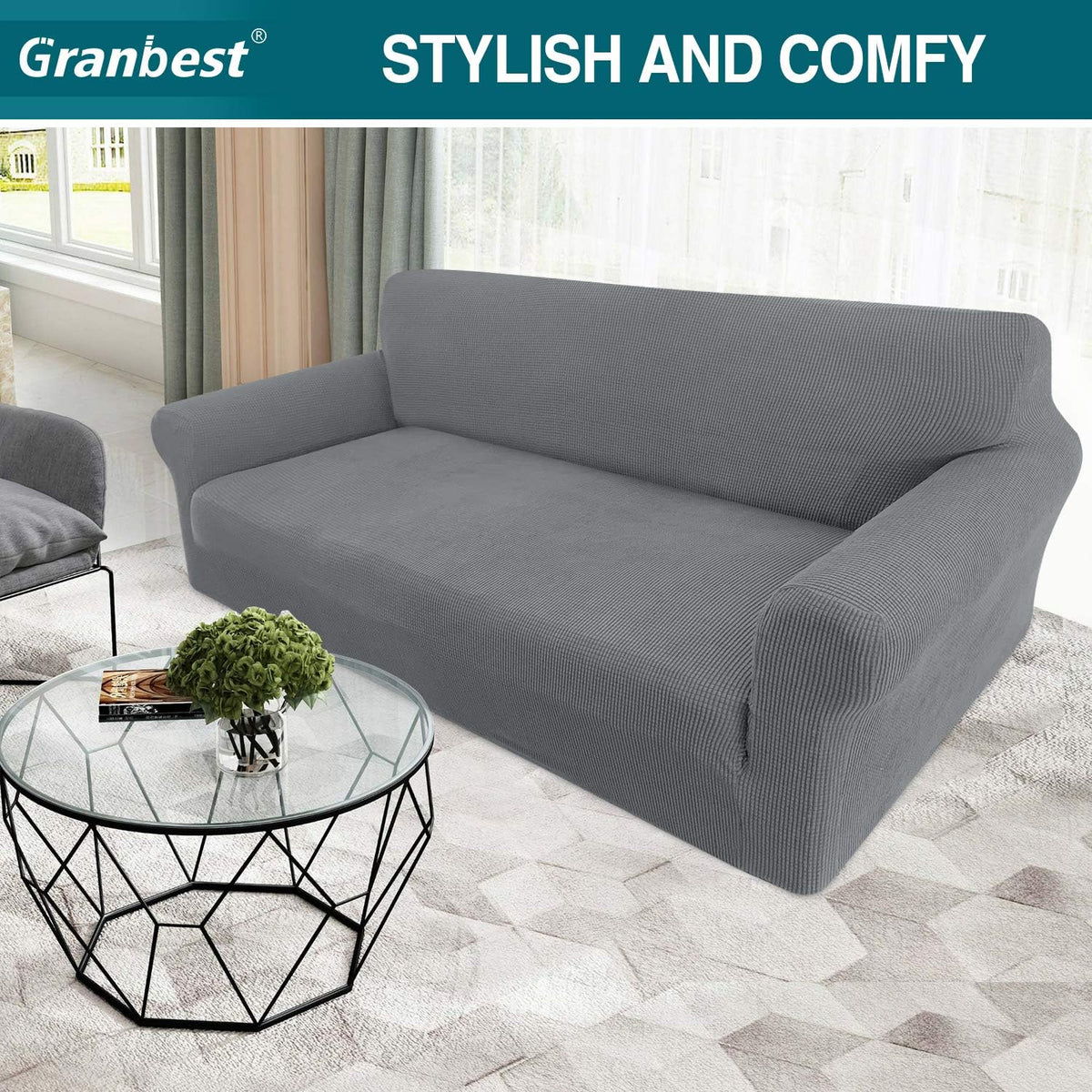 High Stretch Sofa Covers 3 Seater Super Soft Stylish Couch Covers for Dogs Pets Cats Jacquard Spandex Non Slip Sofa Slipcover for Living Room Furniture Protector (3 Seater, Light Gray)